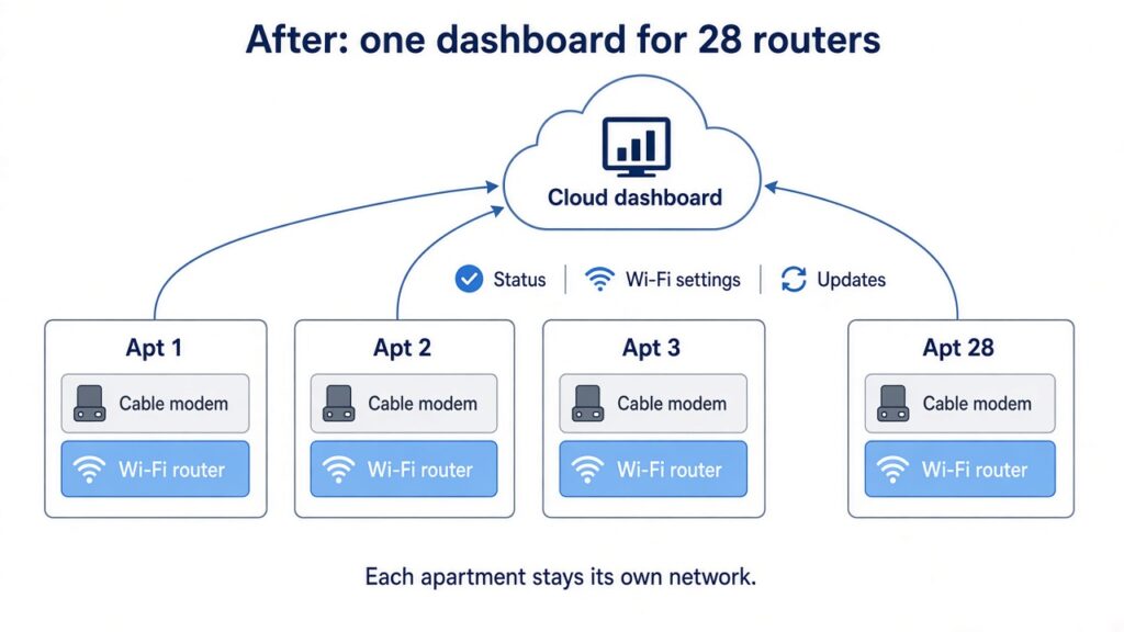 The same 28 apartments on one dashboard, each network still separate.